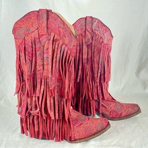 Tanner Mark Red Fringe Paisley Cowgirl Boots Size 9.5
